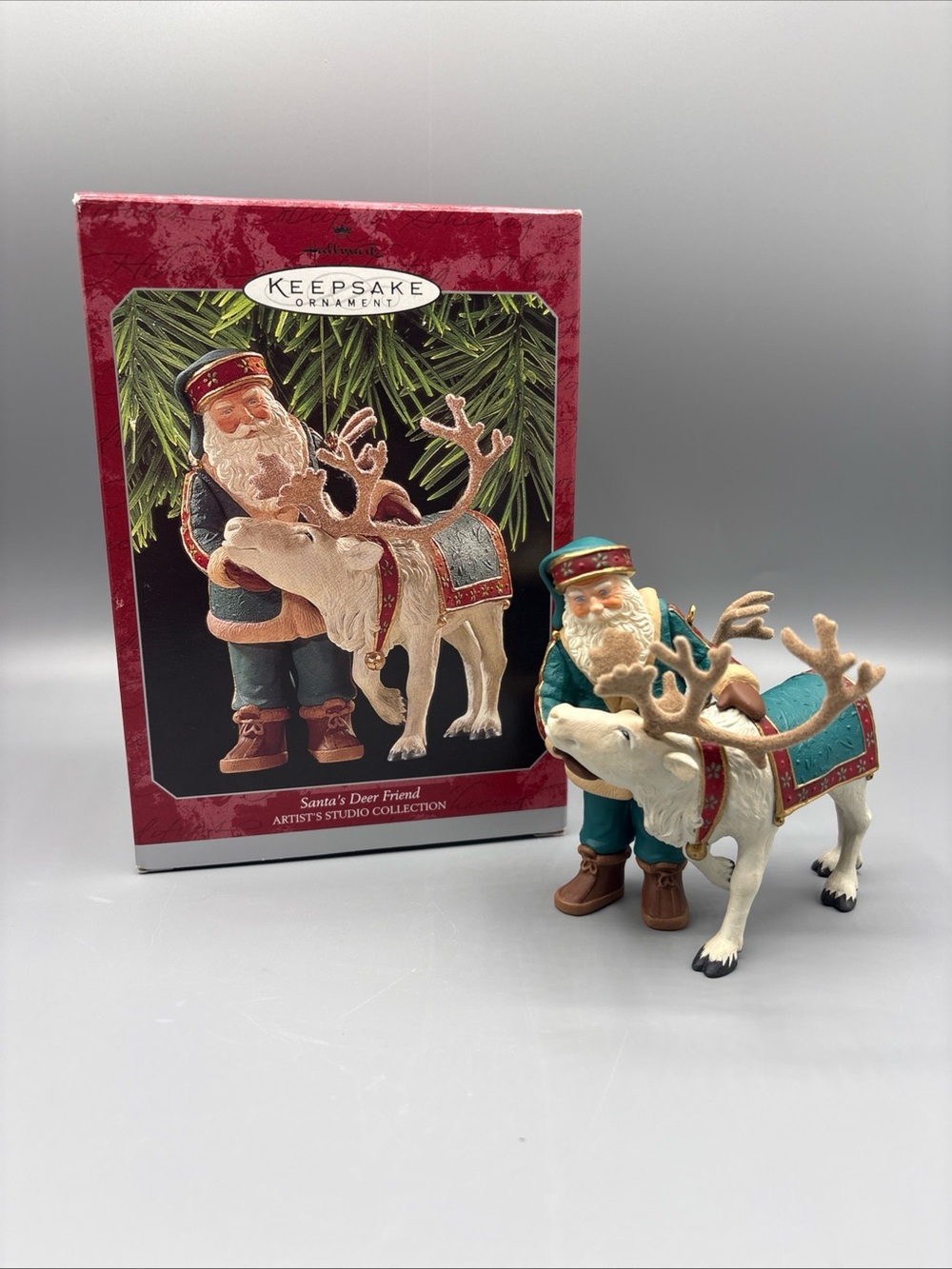 KEEPSAKE the Label Santa and Reindeer Ornament - Teal & Cream